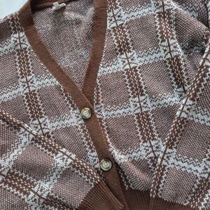 Belle Du Jour Brown and White Checkered Cardigan